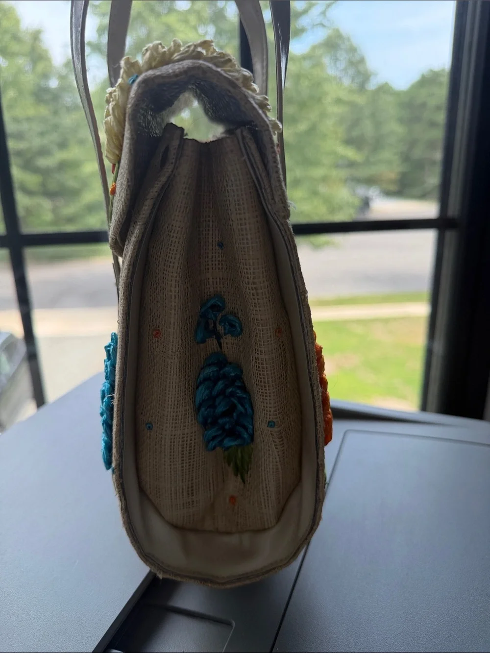 Whimsical, Embroidered Floral Straw Tote Handbag - Cream with Multicolor Flowers